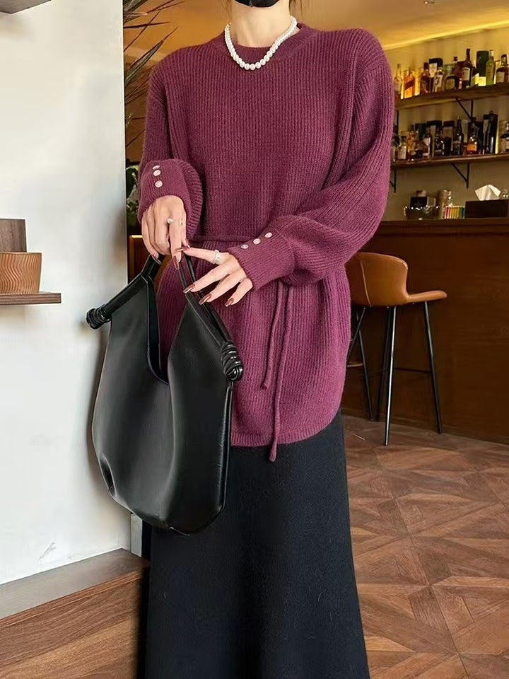 Damen lockerer Strickpulli mit Taillenschnürung und lässigem Schnitt Drune