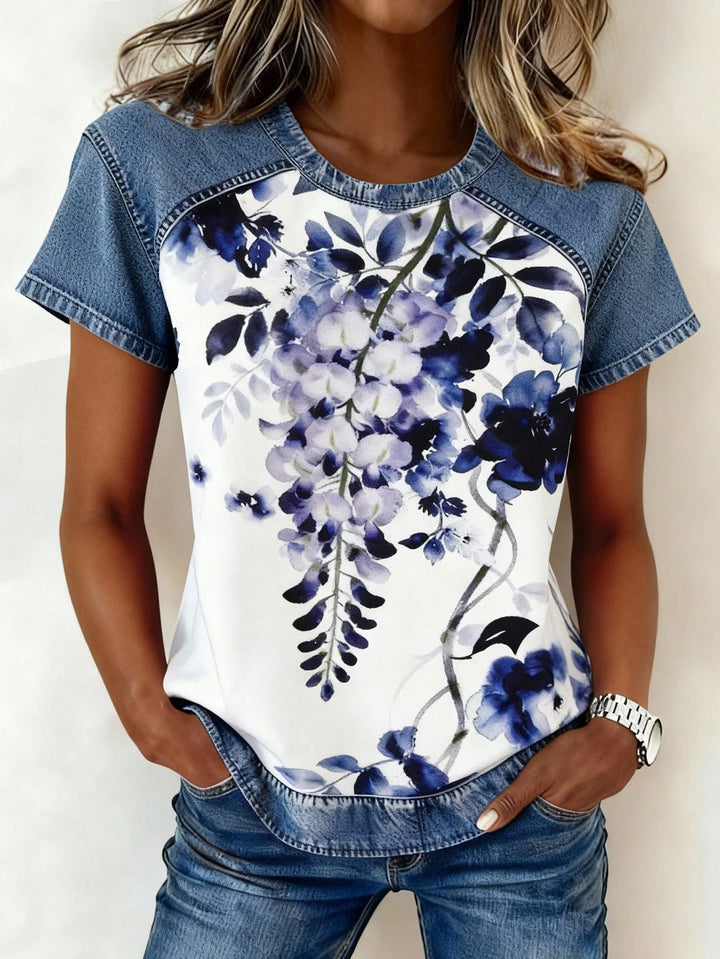Damen Kurzarmshirt mit Jeans-Einsätzen und Teddy-Patchprint Drune