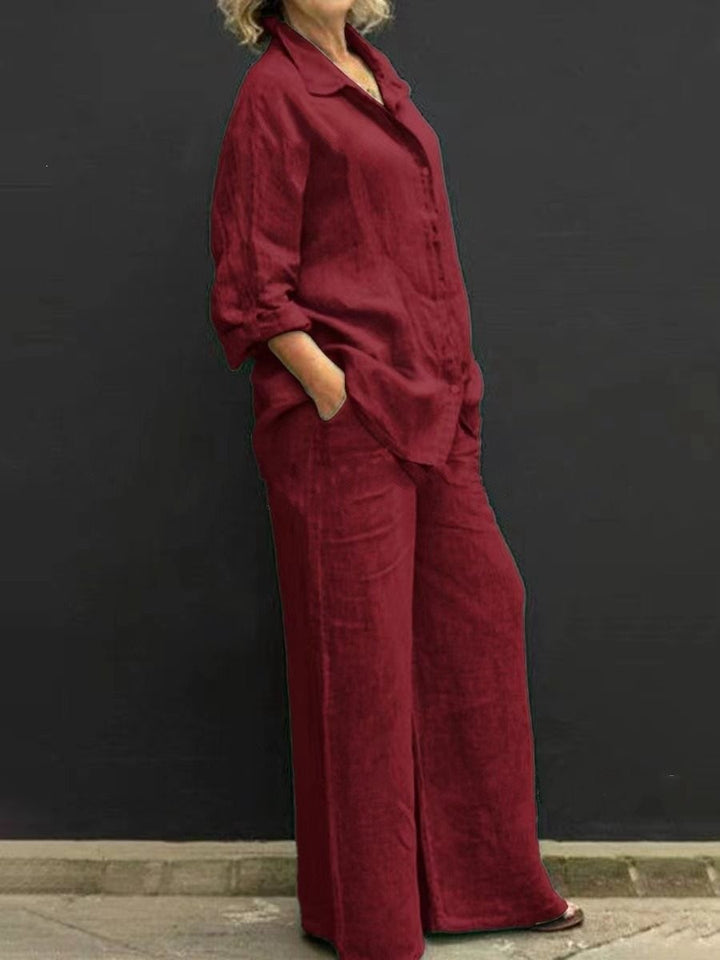 Damen Leichtes Leinen-Loungewear-Set mit Oversized-Hemd und weiter Palazzo-Hose Drune