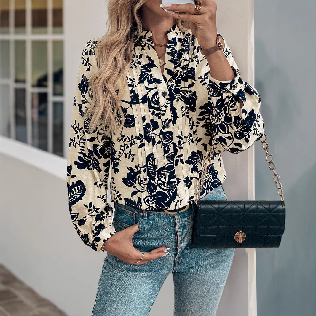 Damen Elegante Bluse mit floralem Mustermix und Stehkragen Drune