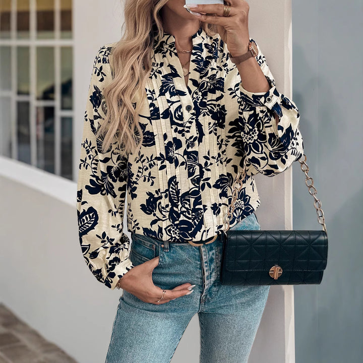 Damen Elegante Bluse mit floralem Mustermix und Stehkragen Drune