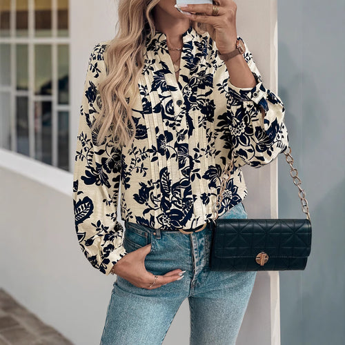 Damen Elegante Bluse mit floralem Mustermix und Stehkragen Drune