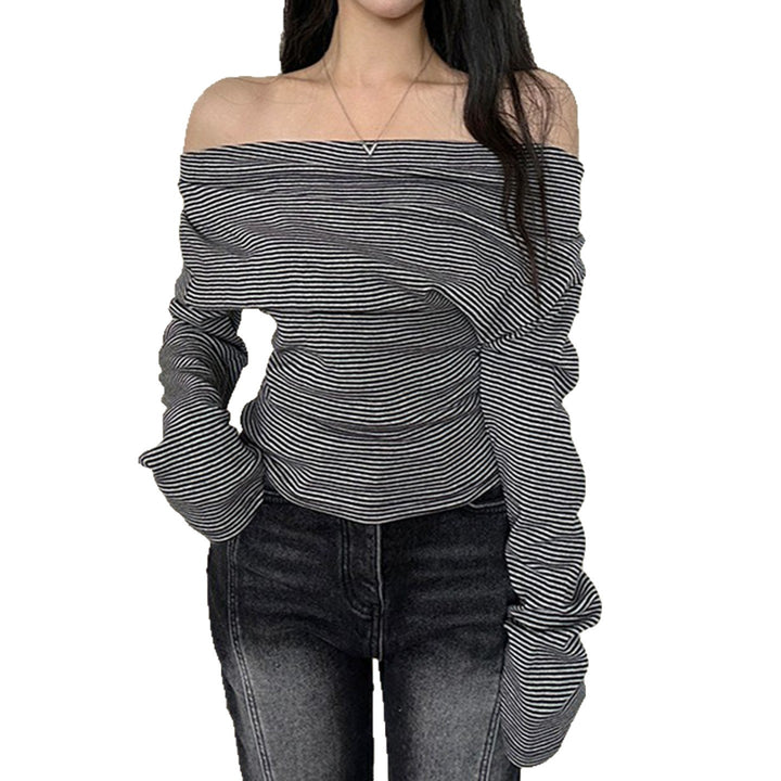 Damen nan asymmetrisches Off-Shoulder Langarmshirt mit taillierter Raffung und schmaler Stretch-Passform Drune