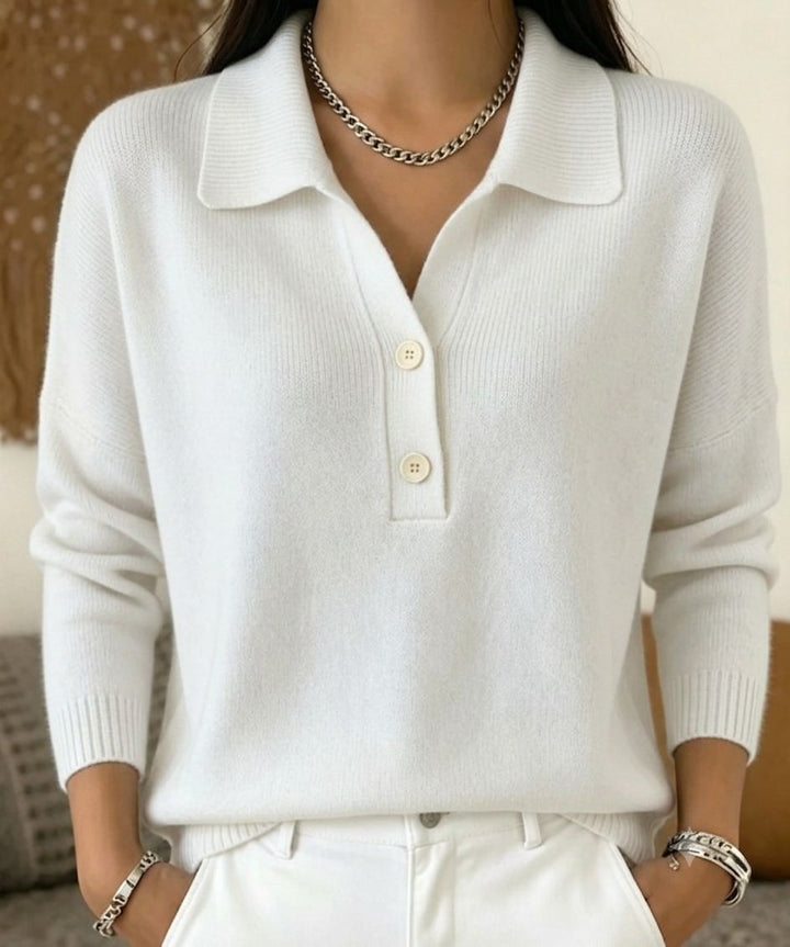 Damen Polokragen-Pullover mit halber Knopfleiste und geripptem Saum Drune