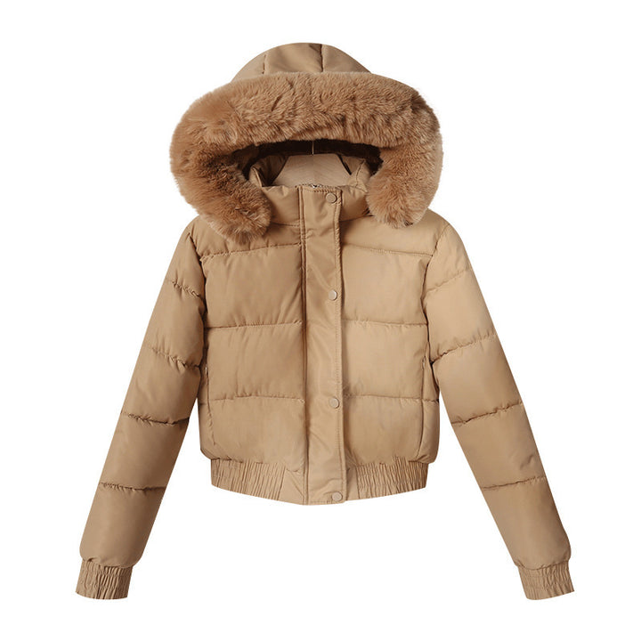 Damen nan kurz geschnittene Thermosteppjacke mit abnehmbarer Kunstfellkapuze und Rippbündchen Drune