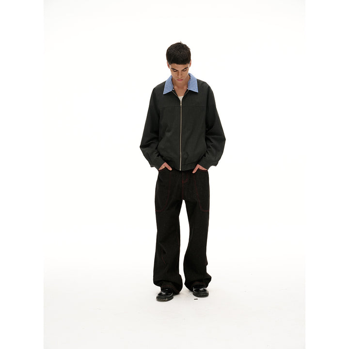 Unisex Kurz geschnittene Nadelstreifen‑Blousonjacke mit kontrastierendem Hemdkragen und durchgehendem Reißverschluss Drune