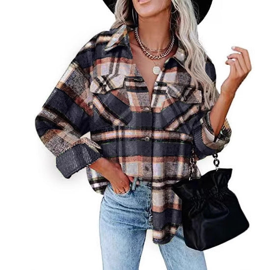 Damen Karierter Overshirt mit Knöpfen und Brusttaschen Drune