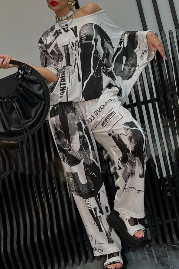 Damen nan zweiteiliges weites Satin-Freizeit-Set mit schulterfreiem Fledermaus-Top und Palazzohose Drune