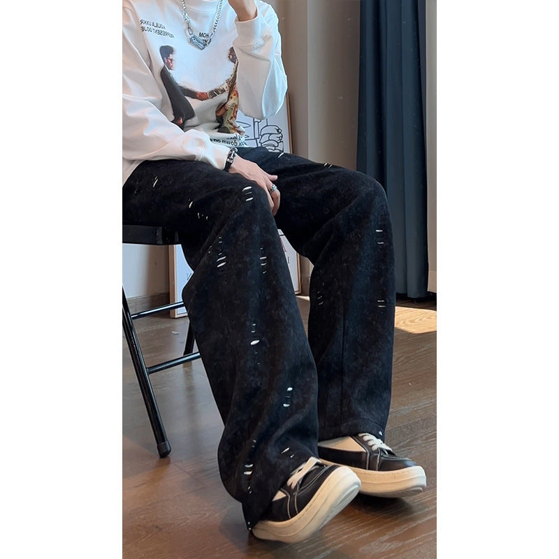 Herren Oversized Cordhose mit Distressed‑Details, weitem Bein und Tunnelzug Drune