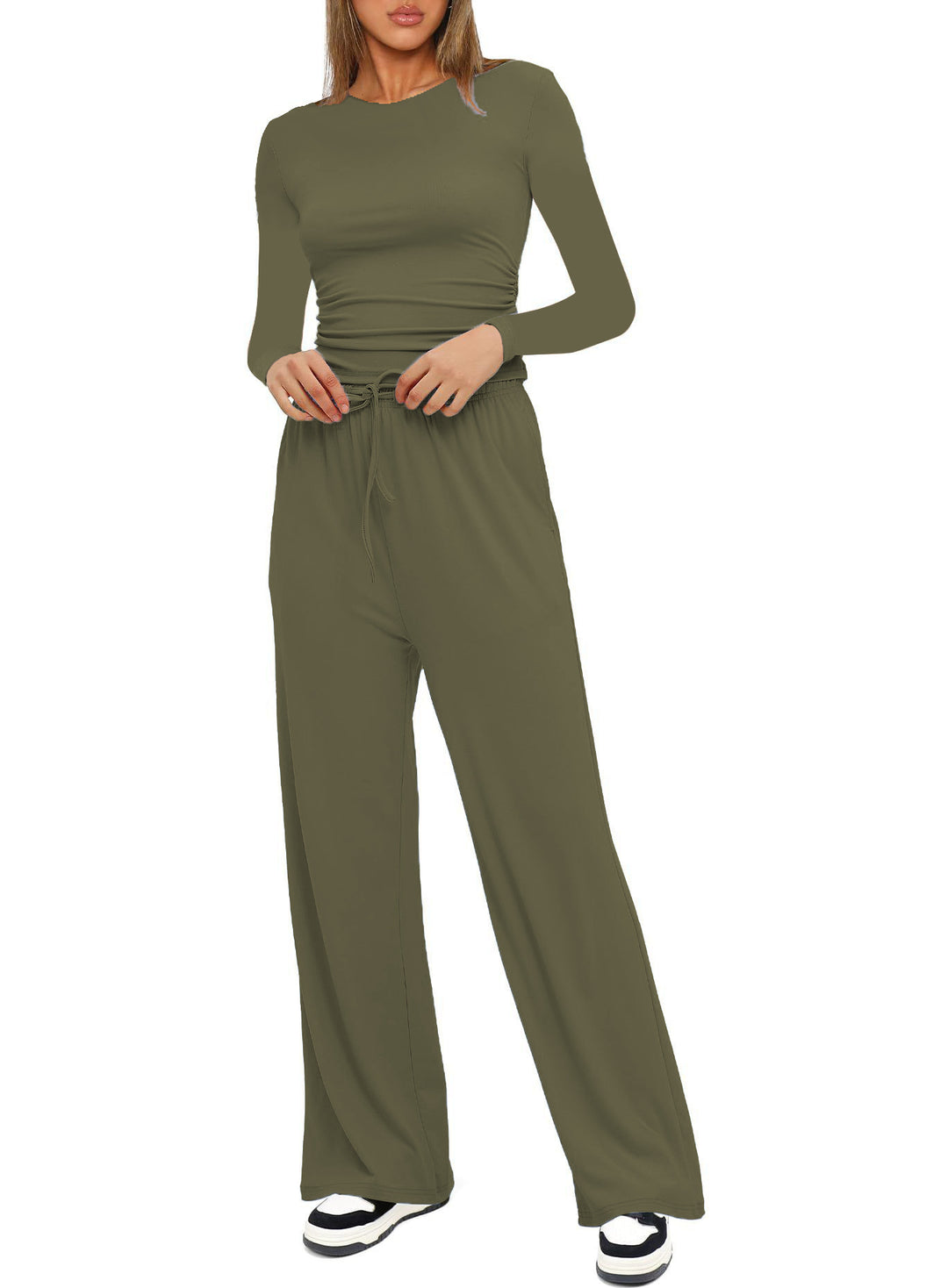 Damen Figurbetontes Longsleeve mit seitlicher Raffung und High-Waist Palazzo-Jogginghose Set Drune
