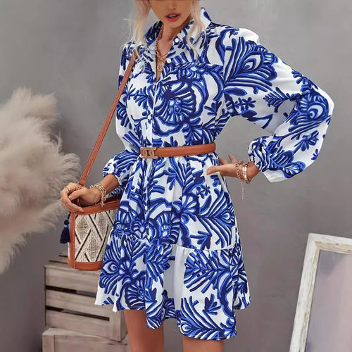 Damen Hemdblusenkleid mit voluminösem Rock und floralem Muster Drune
