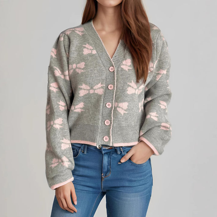 Damen kuschelige Strickjacke mit dekorativem Motiv und Knopfleiste Drune