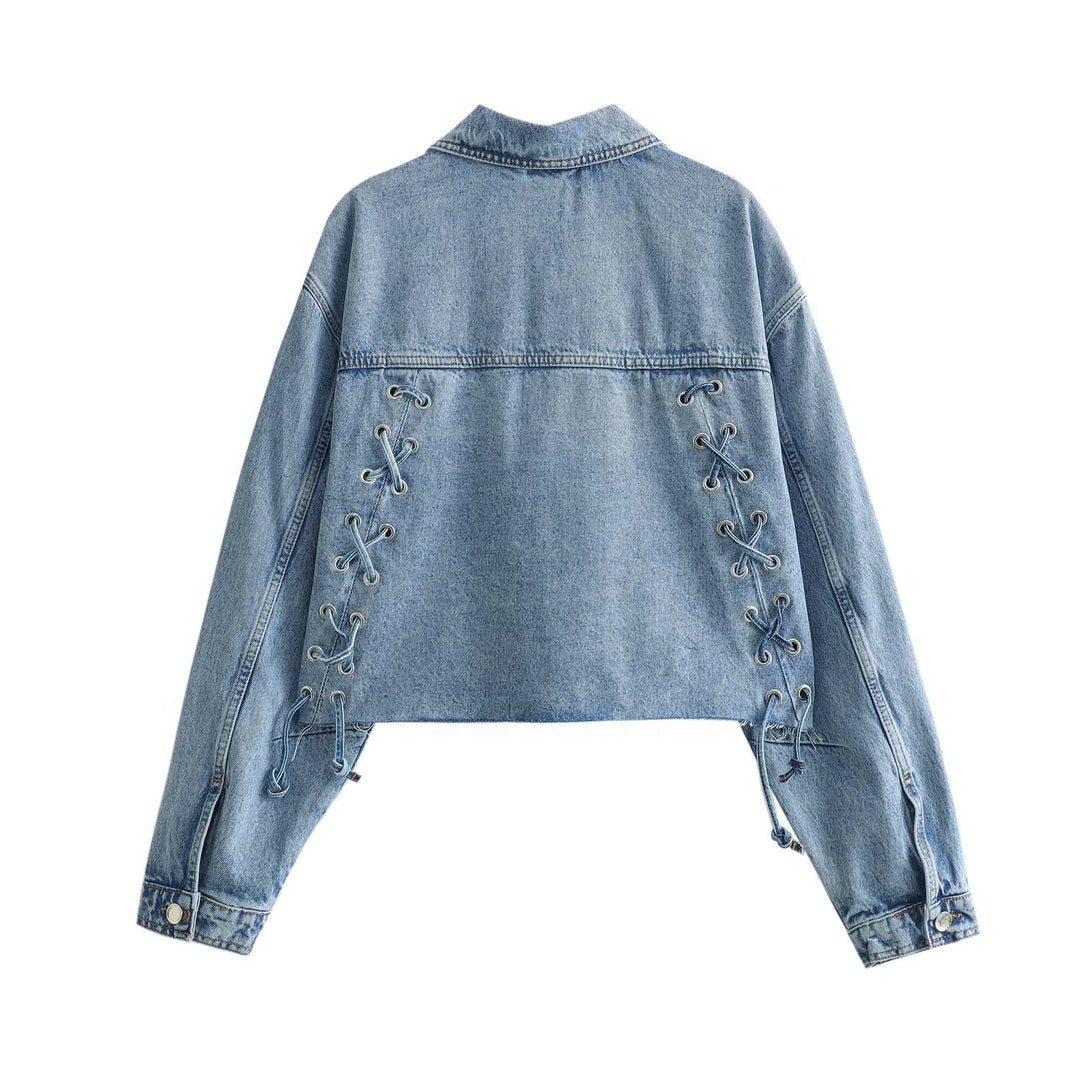 Damen nan cropped Oversize-Jeansjacke mit Tunnelzugsaum, aufgesetzten Brusttaschen und Metallknopfleiste Drune