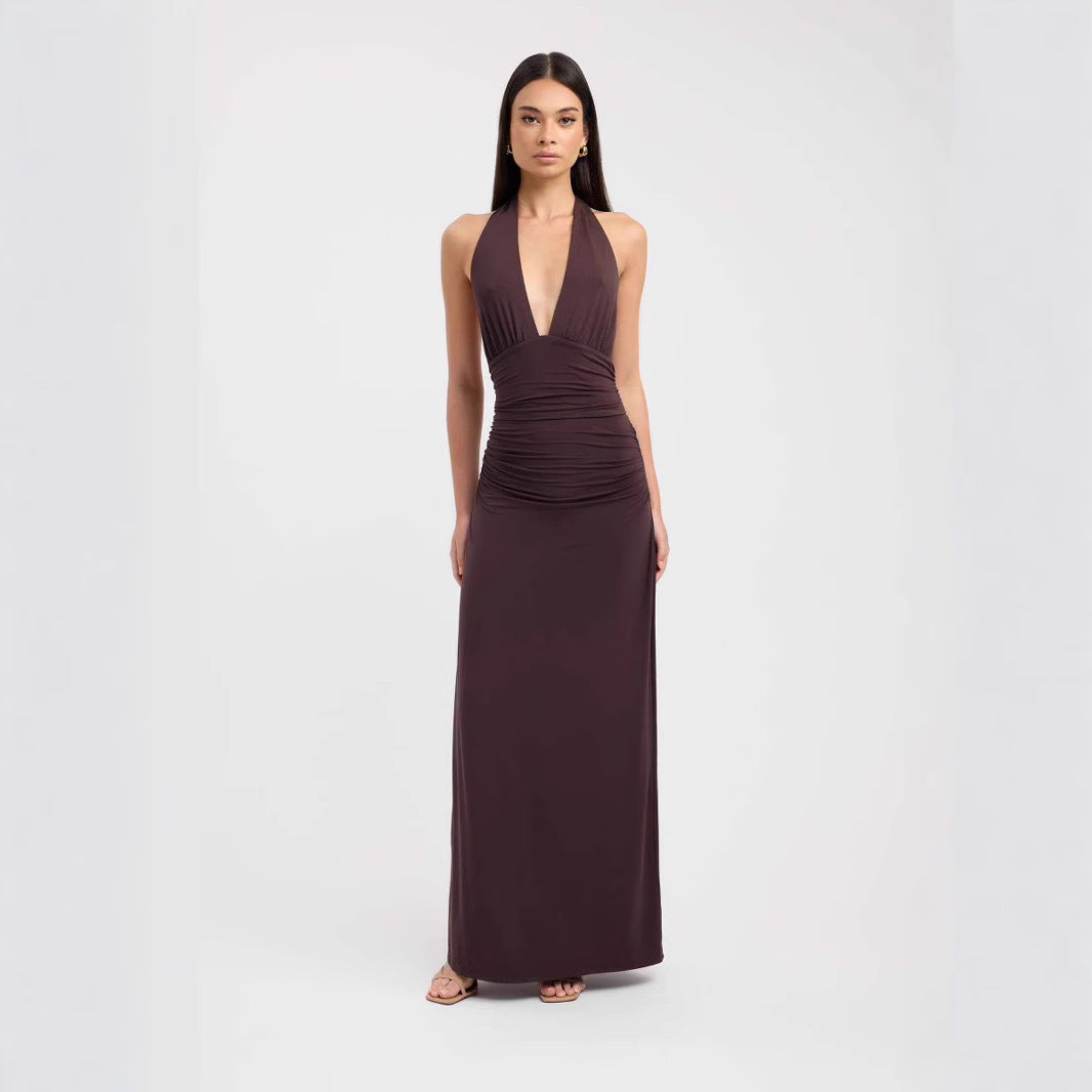 Damen Maxikleid mit tiefem V-Ausschnitt und figurbetonendem Design Drune