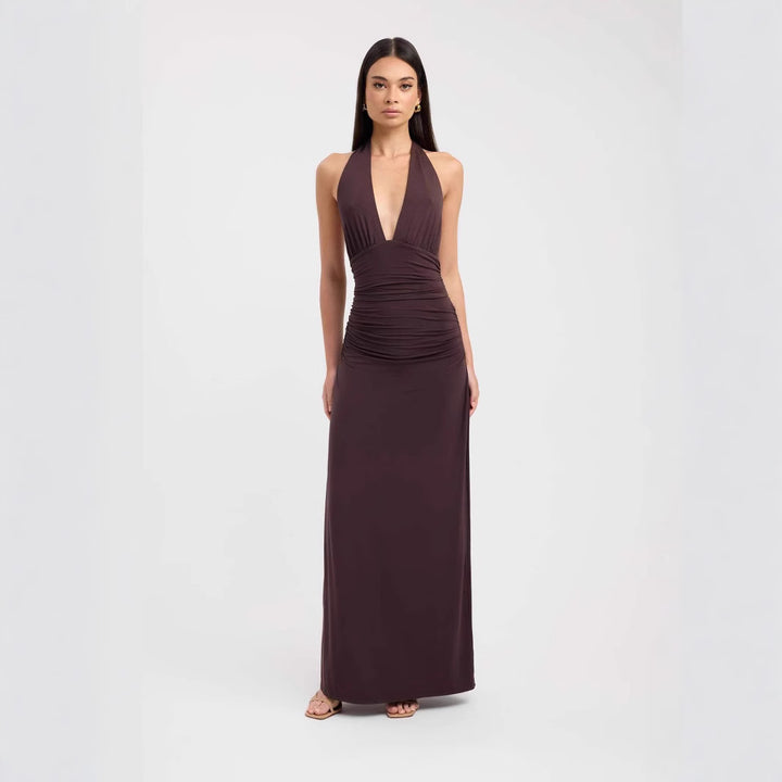 Damen Maxikleid mit tiefem V-Ausschnitt und figurbetonendem Design Drune