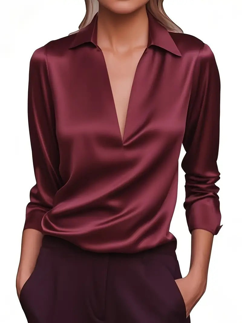 Damen Seidiges Satin-Blusenshirt mit tiefem V‑Ausschnitt und Hemdkragen Drune