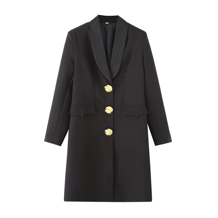 Damen nan taillierter Longblazer mit Schalkragen markanten Schmuckknöpfen und Pattentaschen Drune