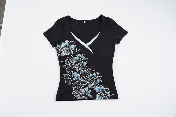 Damen figurbetontes T-Shirt mit floralem Druck und V-Ausschnitt Drune