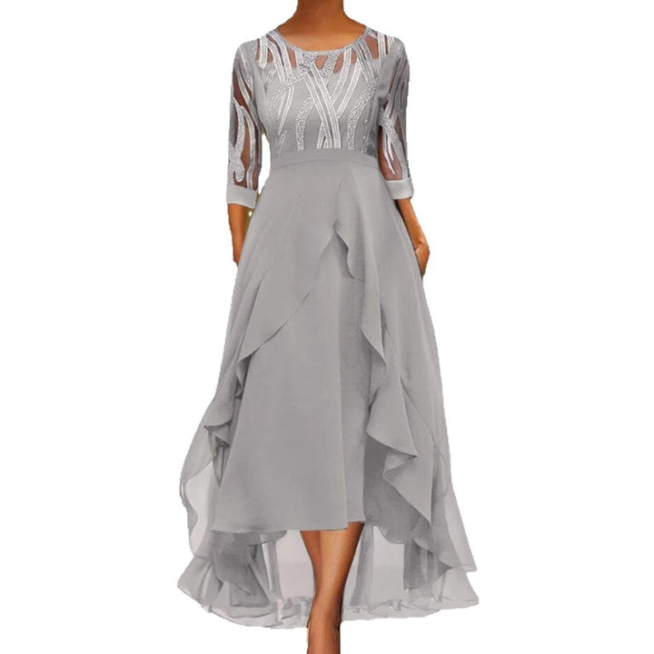 Damen nan edles Chiffon-Abendkleid mit besticktem Tülloberteil, Dreiviertelärmeln und asymmetrischem Stufen-Saum Drune