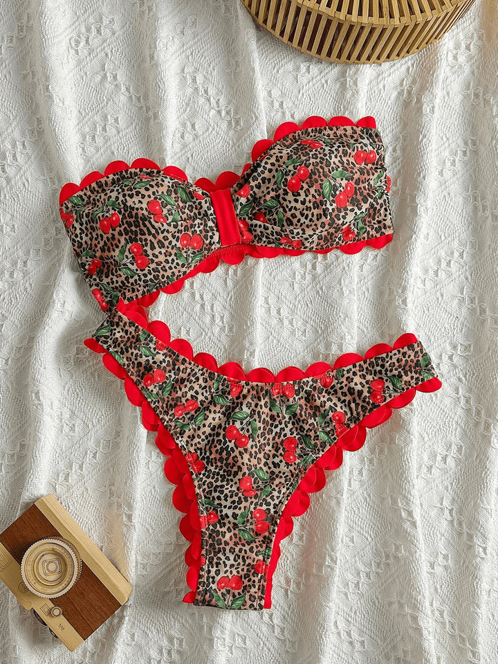 Damen Bandeau-Bikini mit Leopardenmuster und Volants Drune