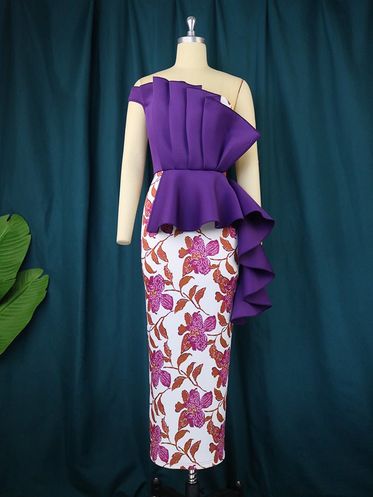 Damen elegantes Kleid mit asymmetrischem Rüschendesign und floralen Mustern Drune