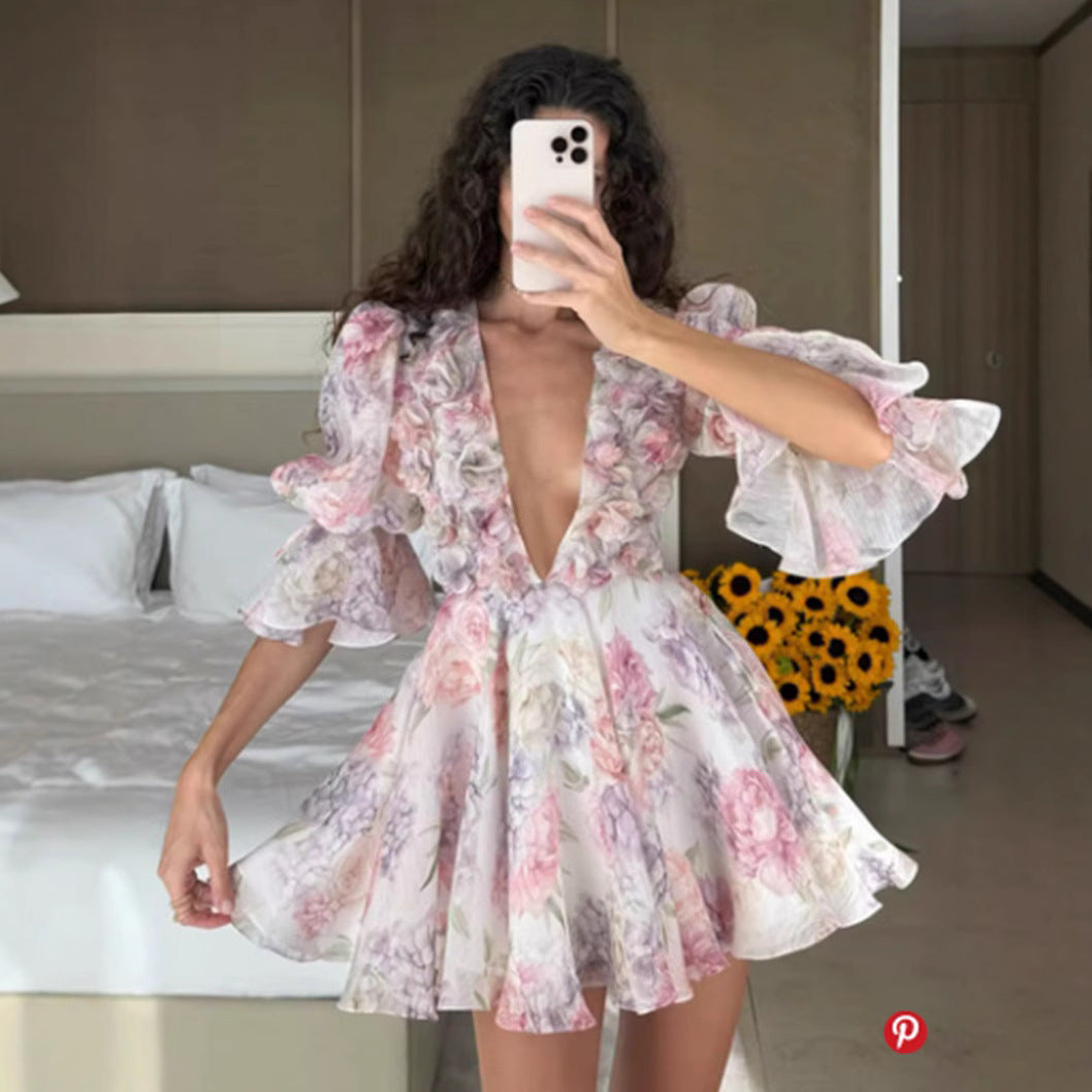 Damen Fließendes Maxikleid mit romantischen Rüschendetails und floralem Muster Drune