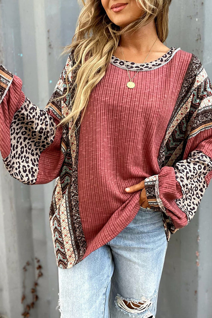 Damen Lässiges Patchwork-Longsleeve mit Rippenstruktur, Leoparden- und Boho-Print Drune