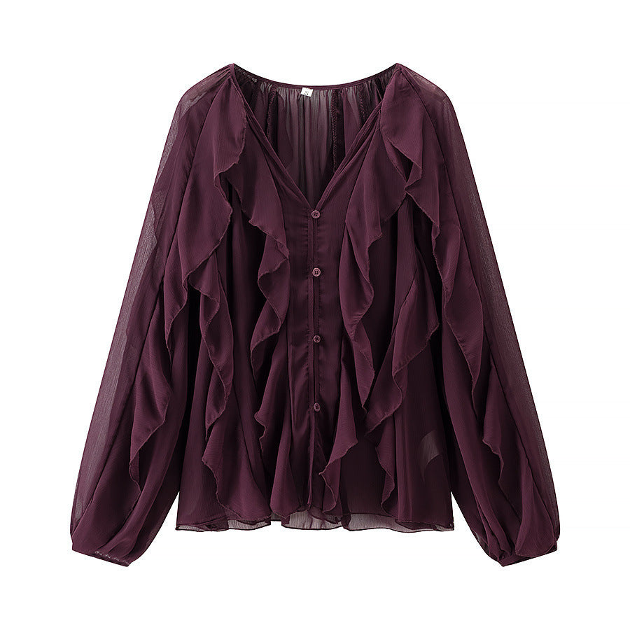 Damen Voluminöse Chiffonbluse mit mehrlagigen Volants und Knopfverschluss Drune