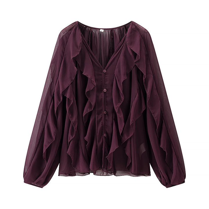 Damen Voluminöse Chiffonbluse mit mehrlagigen Volants und Knopfverschluss Drune