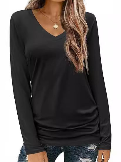 Damen Figurbetontes V‑Ausschnitt Langarmshirt aus Stretch‑Jersey mit leicht gerafftem Saum Drune
