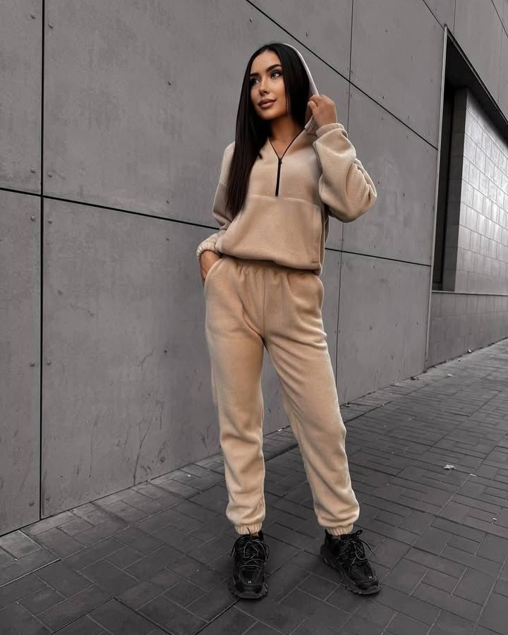 Damen sportliches Fleece-Set mit halbhohem Reißverschluss Kapuzenhoodie und lässiger Jogginghose Drune