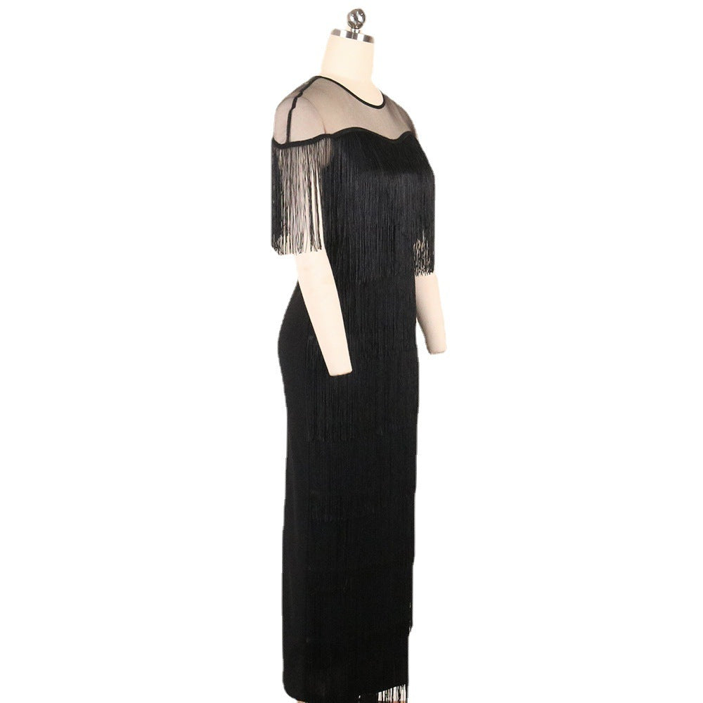 Damen Fransen Maxikleid mit halber Transparenz Drune