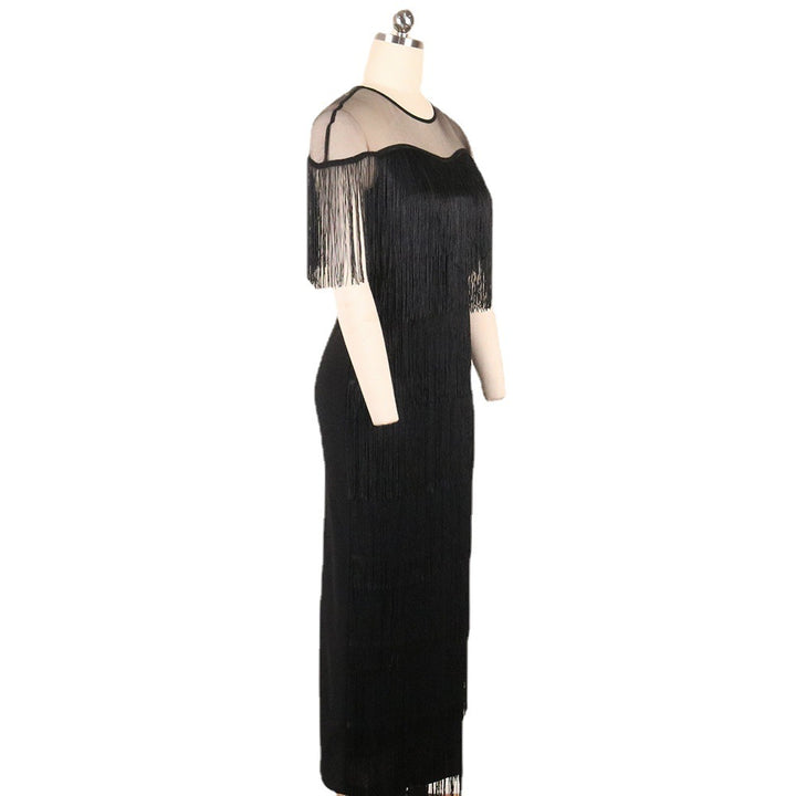 Damen Fransen Maxikleid mit halber Transparenz Drune