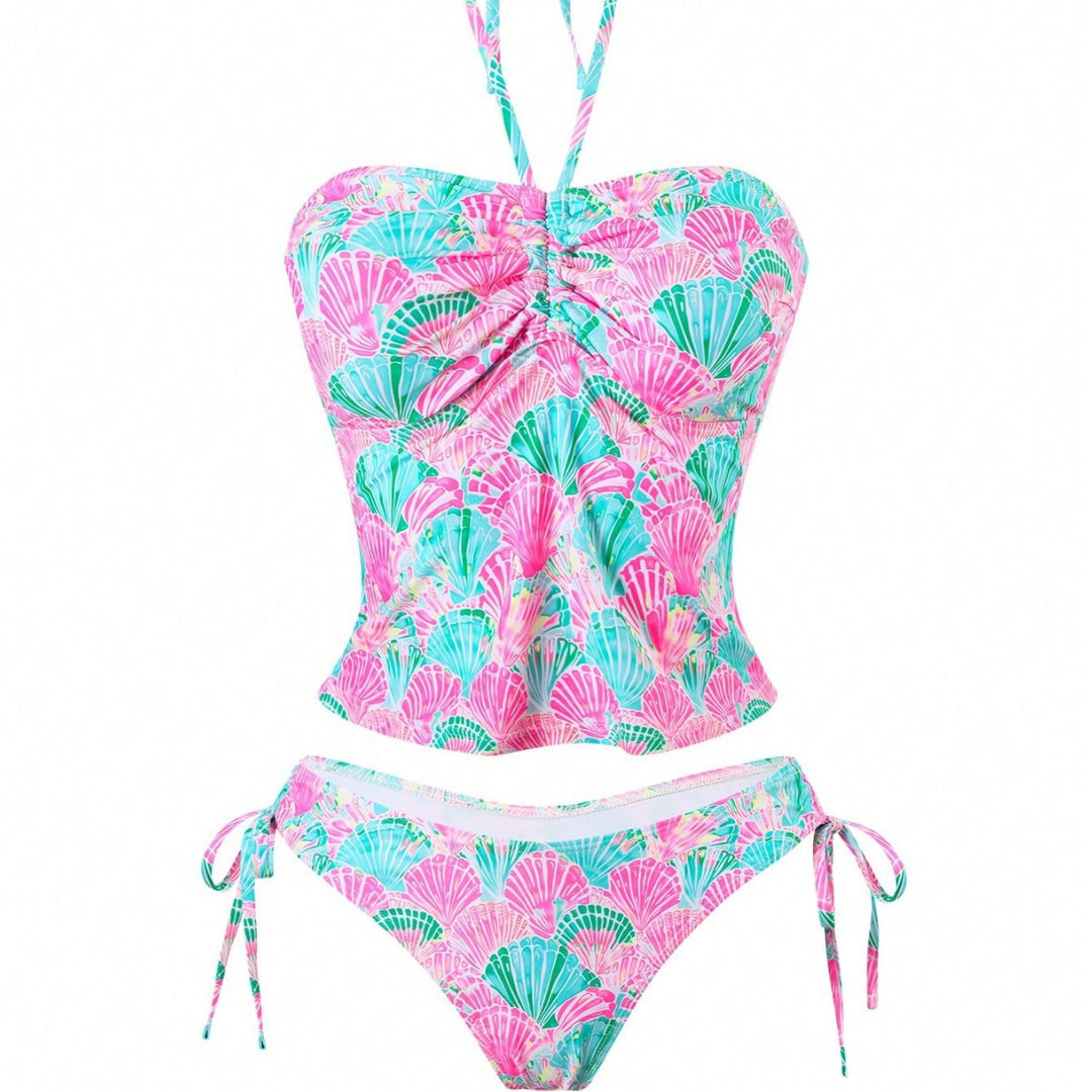 Damen Bandeau-Bikini mit verspieltem Muschelmuster und verstellbaren Trägern Drune
