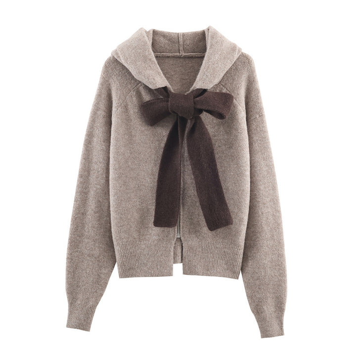 Damen modischer Strickpullover mit Kapuze und dekorativem Bindeband Drune