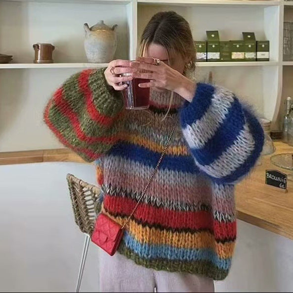 Damen Oversize-Strickpullover aus Mohairmix mit voluminösen Ballonärmeln und Blockstreifen Drune