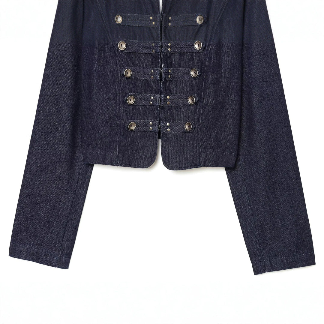 Damen kurze Denim‑Militärjacke mit Stehkragen und dekorativer Zierknopfleiste Drune