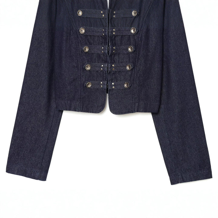 Damen kurze Denim‑Militärjacke mit Stehkragen und dekorativer Zierknopfleiste Drune