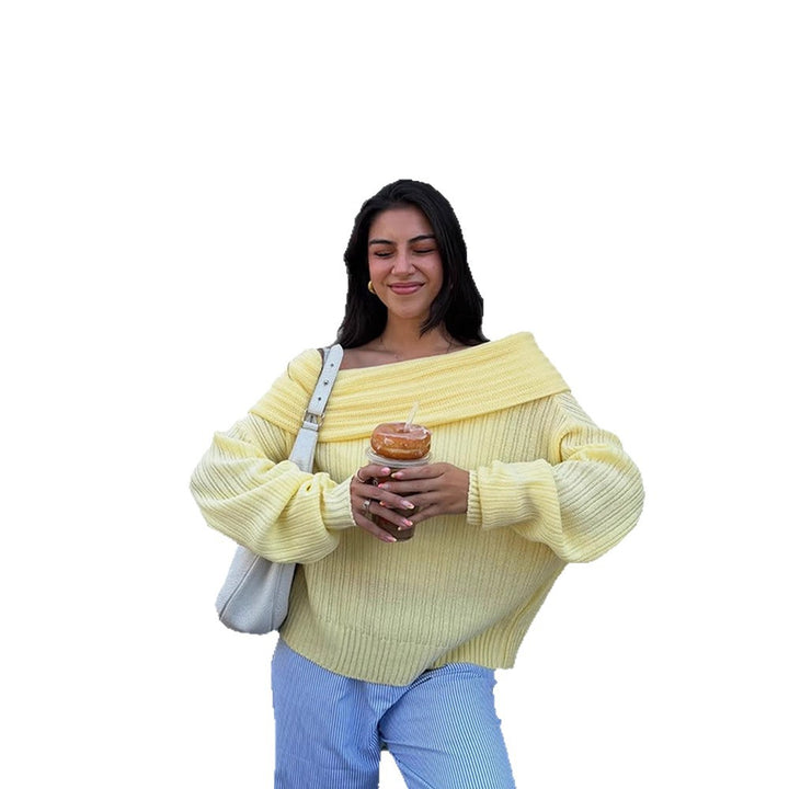 Damen Off-Shoulder Rippstrickpullover mit weitem Umschlagkragen Drune