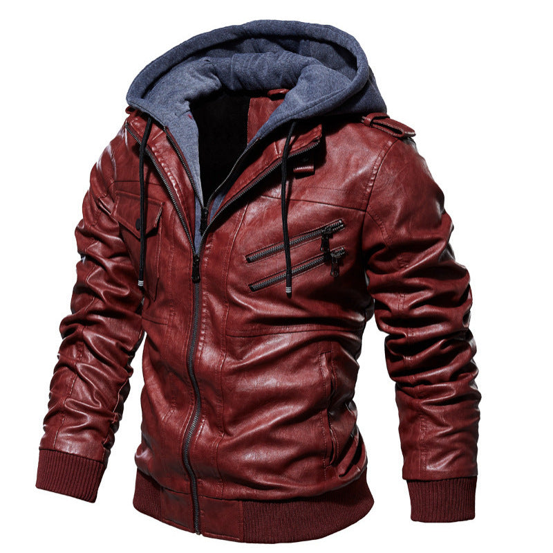 HerrenStylische Lederjacke mit Kapuze und gewaschenem Finish Drune