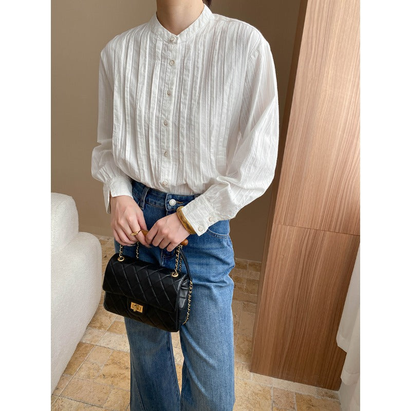 Damen kreative Bluse mit strukturierter Oberfläche und elegantem Stehkragen Drune