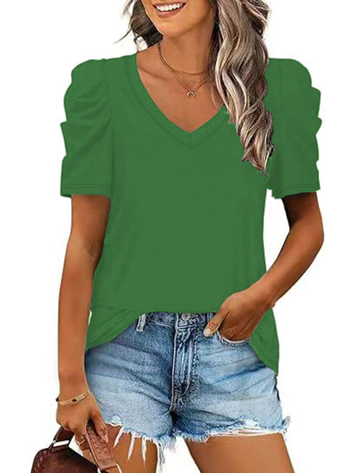 Damen trendiges V-Ausschnitt T-Shirt mit Puffärmeln Drune