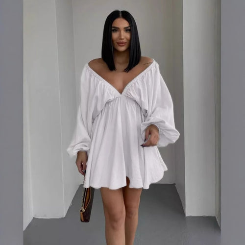 Damen lässiges Babydoll-Kleid mit schulterfreiem Ausschnitt und langen Puffärmeln Drune