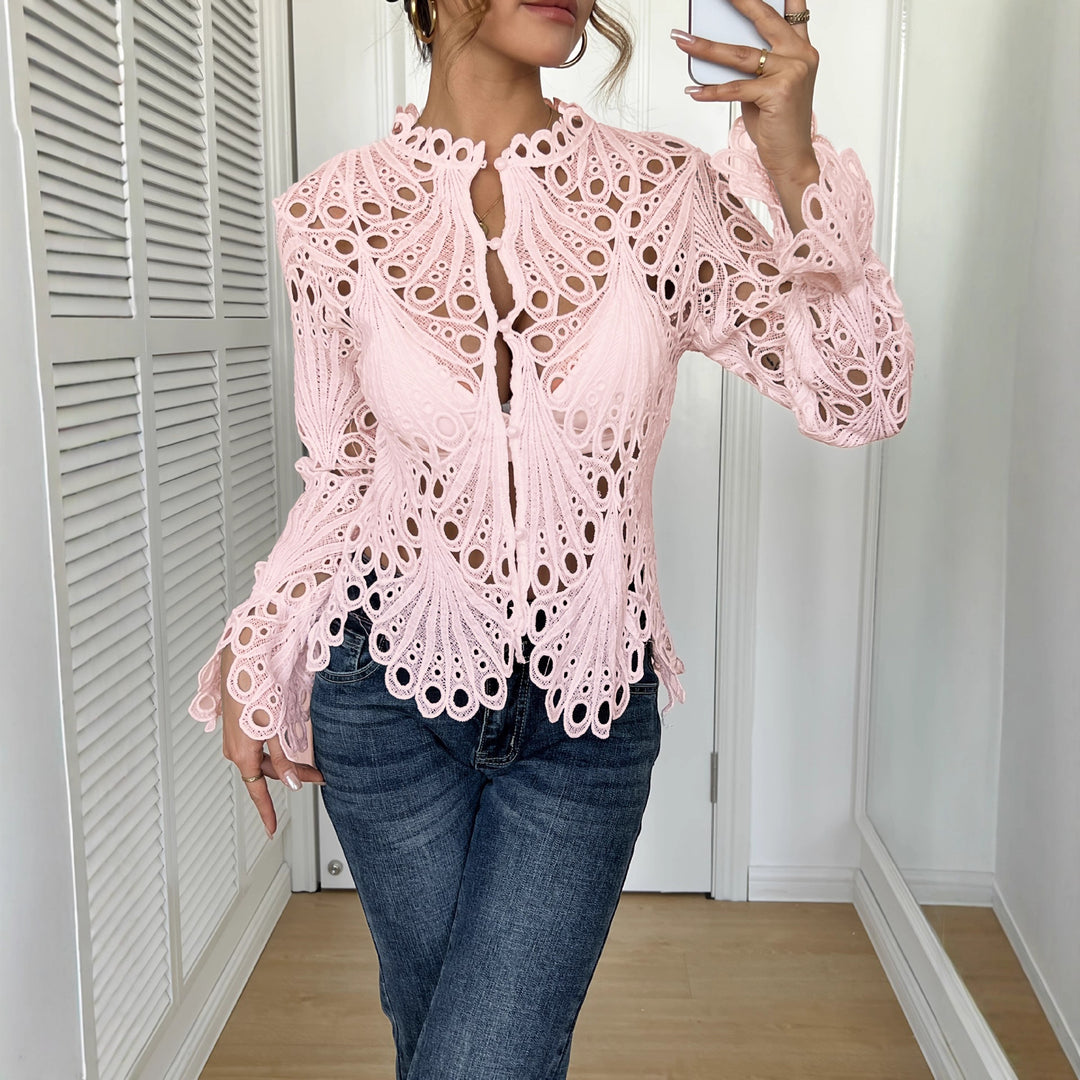 Damen nan filigrane Häkelspitzen-Bluse mit Stehkragen, Zierknopfleiste und gewelltem Saum Drune