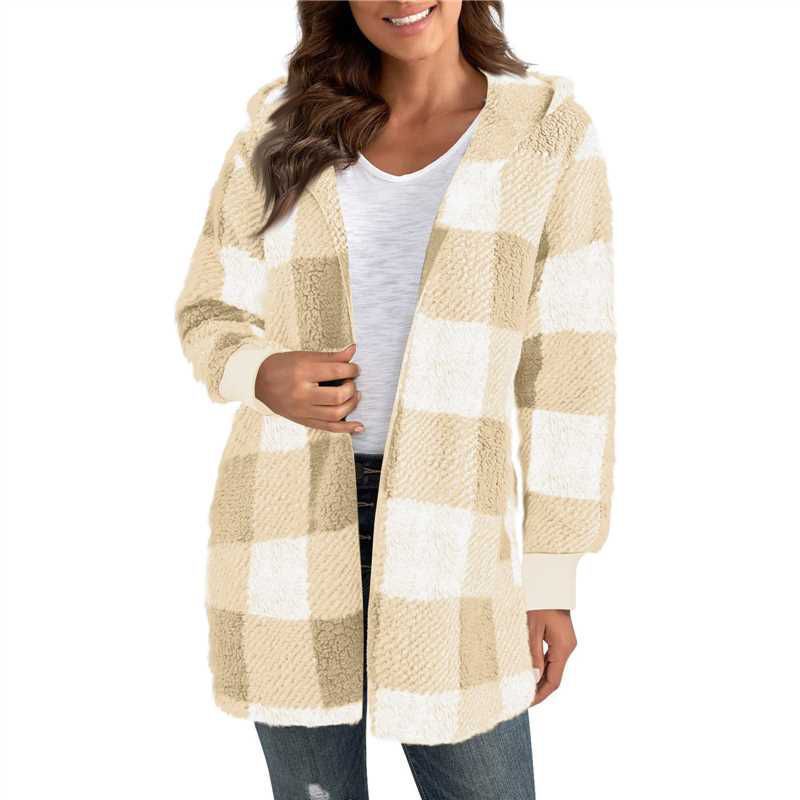 Damen nan karierter Teddy-Mantel mit großem Reverskragen und Rippbündchen Drune