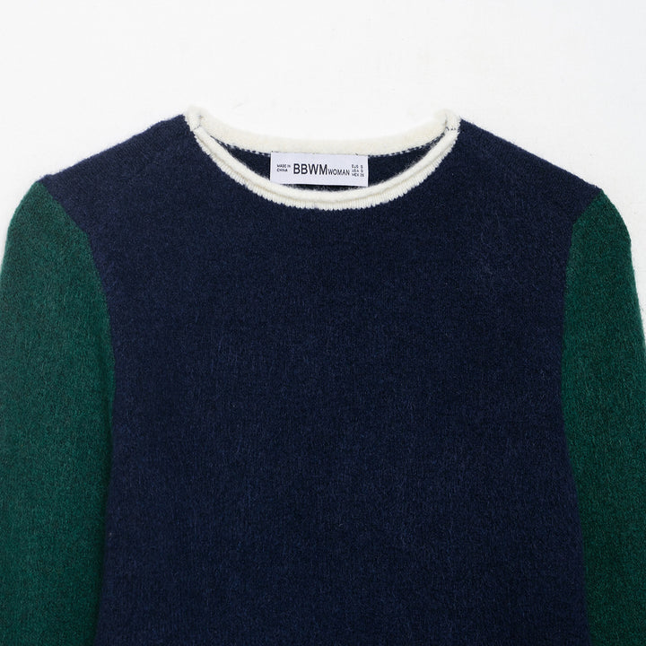 Damen Kuscheliger Colorblock-Pullover mit Rundhalsausschnitt und Kontrastärmeln Drune