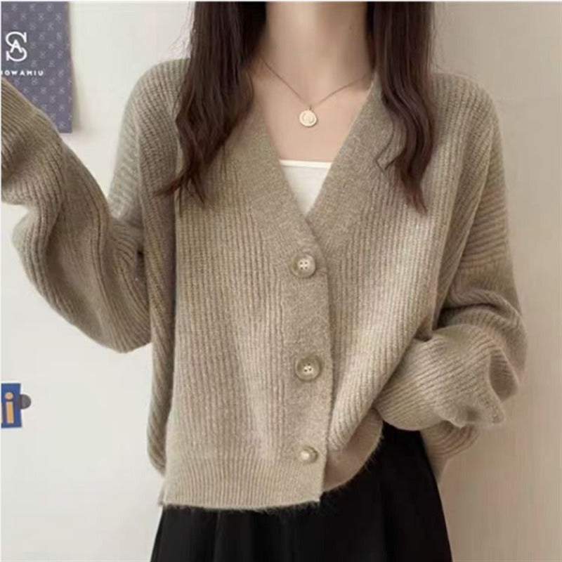 Damen lässige Strickjacke mit hochgeschlossenen Kragen und großen Knopfdetails Drune
