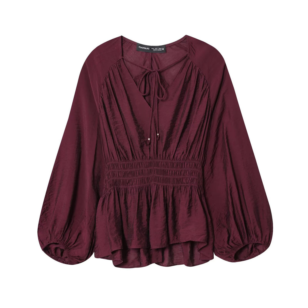 Damen Boho-Bluse mit Smock-Taillenbund, V-Ausschnitt und Ballonärmeln Drune