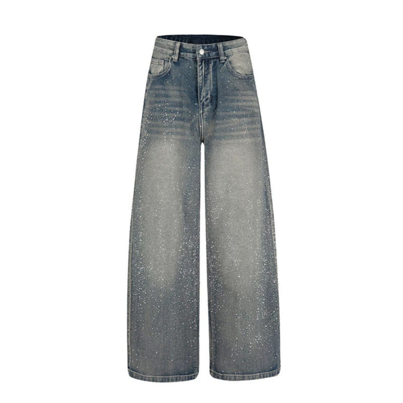 Damen Weite hochgeschnittene Palazzo-Jeans mit Glitzereffekt und Used-Waschung Drune