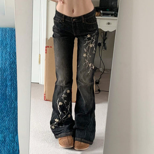 Damen nan taillierte Schlaghose-Jeans mit floraler Stickerei, Stretchdenim und Five-Pocket-Schnitt Drune